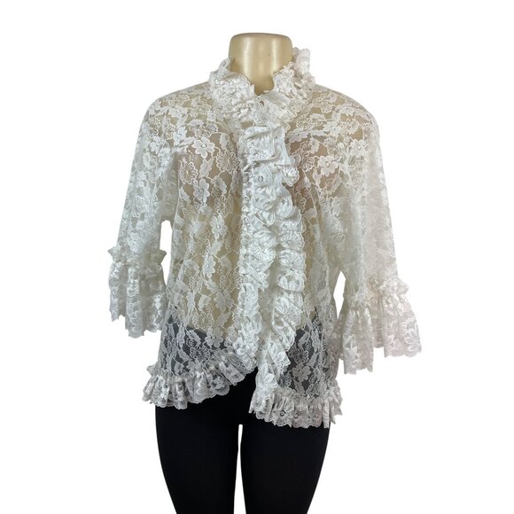 Vintage Dolores Lace Ruffle Sheer Cardigan Top White Floral Design Size M - Picture 1 of 12
